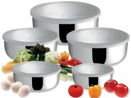 WUGO Stainless Steel Food Storage Bowl Set with Plastic Lid | Multipurpose Kitchen Serving & Mixing Bowl Set | Airtight Storage Containers for Refrigerator | Pack of 5 (Original)