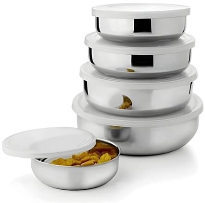 WUGO Stainless Steel Food Storage Bowl Set with Plastic Lid | Multipurpose Kitchen Serving & Mixing Bowl Set | Airtight Storage Containers for Refrigerator | Pack of 5 (Original)