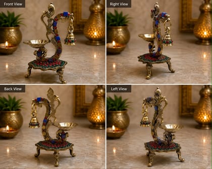 Moradabad Metal Craft Peacock Trinity Brass Diya with Bell