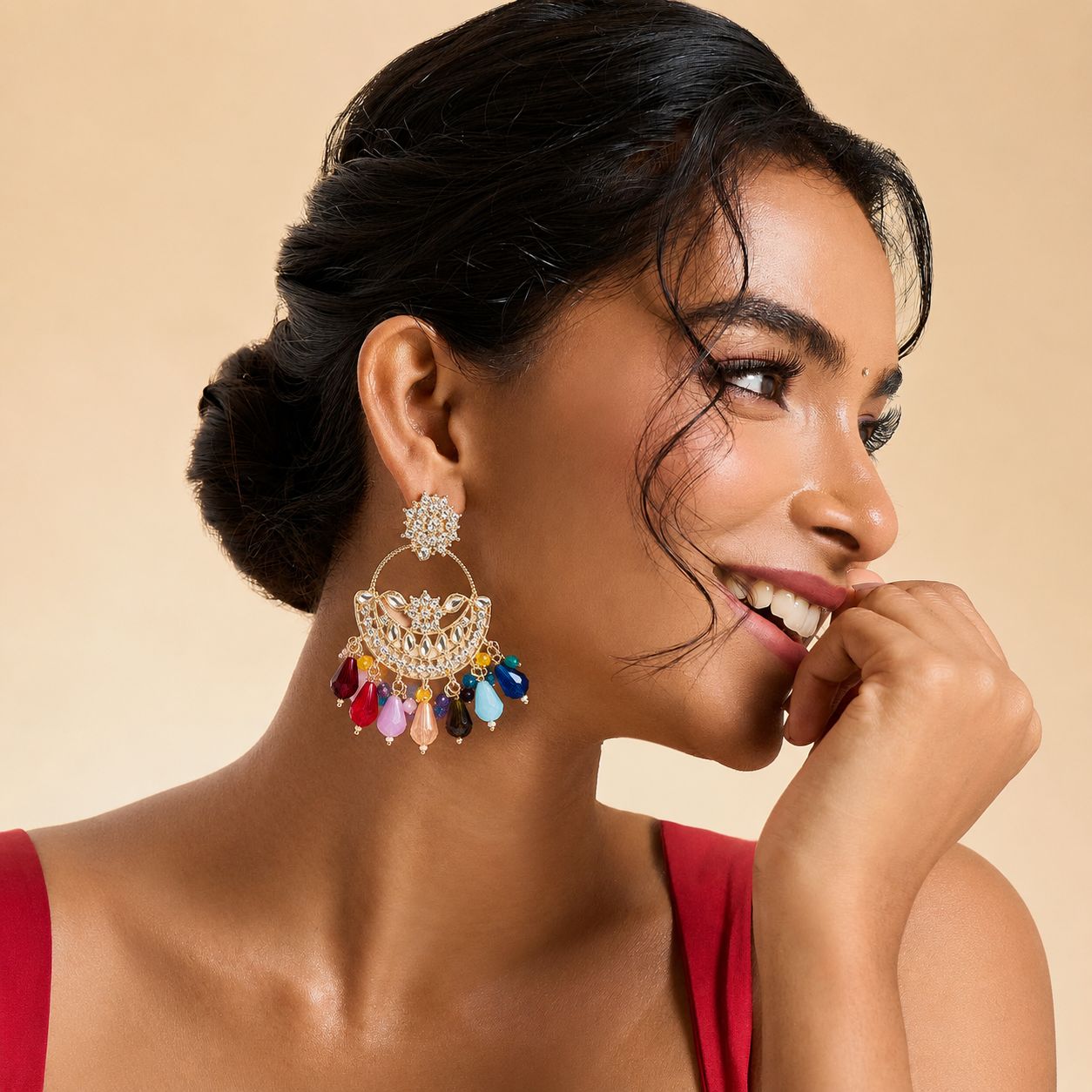 Traditional Gold-Plated Multicolor Crystal Chandbali Earrings for Women & Girls | Premium Stone Studded Ethnic Statement Earrings | Bridal, Wedding, Party, Festive & Puja Wear | Lightweight Fashion Jewellery
