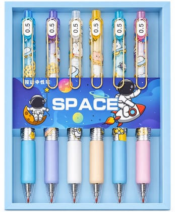 KTRS Enterprise Space Theme 0.5mm Gel Pen Set | Cute Kawaii Cartoon Pens for Kids | Smooth Black Ink Retractable Pens | Aesthetic School & Office Stationery | Pack of 6