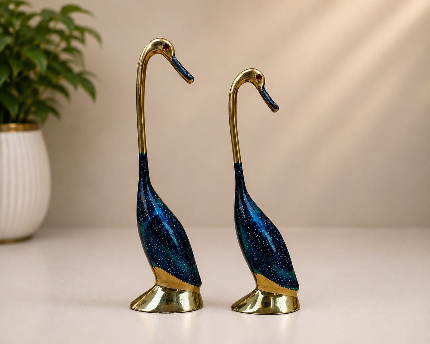Moradabad Metal Craft Brass Love Bird Saras Pair Showpiece Blue Set of 2