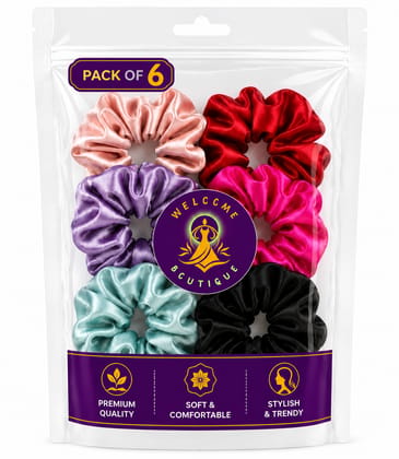 Welcome Boutique Premium Satin Scrunchies – Pack of 6 Soft Hair Ties for Women & Girls