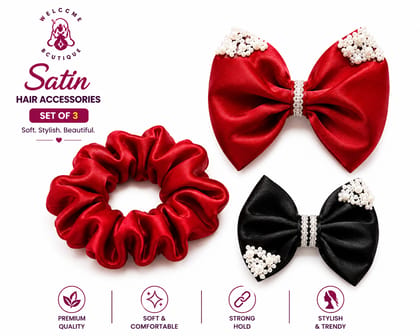 Welcome Boutique Satin Hair Accessories Set for Girls | 1 Satin Scrunchie & 2 Pearl Bow Hair Clips | Soft & Comfortable | Stylish Hair Accessories for Kids & Girls | Set of 3