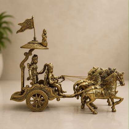 Moradabad Metal Craft Brass Lord Krishna & Arjuna Rath Idol with 4 Horses
