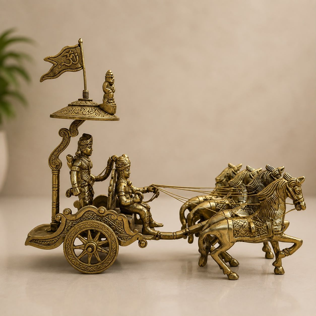 Moradabad Metal Craft Brass Lord Krishna & Arjuna Rath Idol with 4 Horses