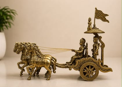 Moradabad Metal Craft Brass Lord Krishna & Arjuna Rath Idol with 4 Horses