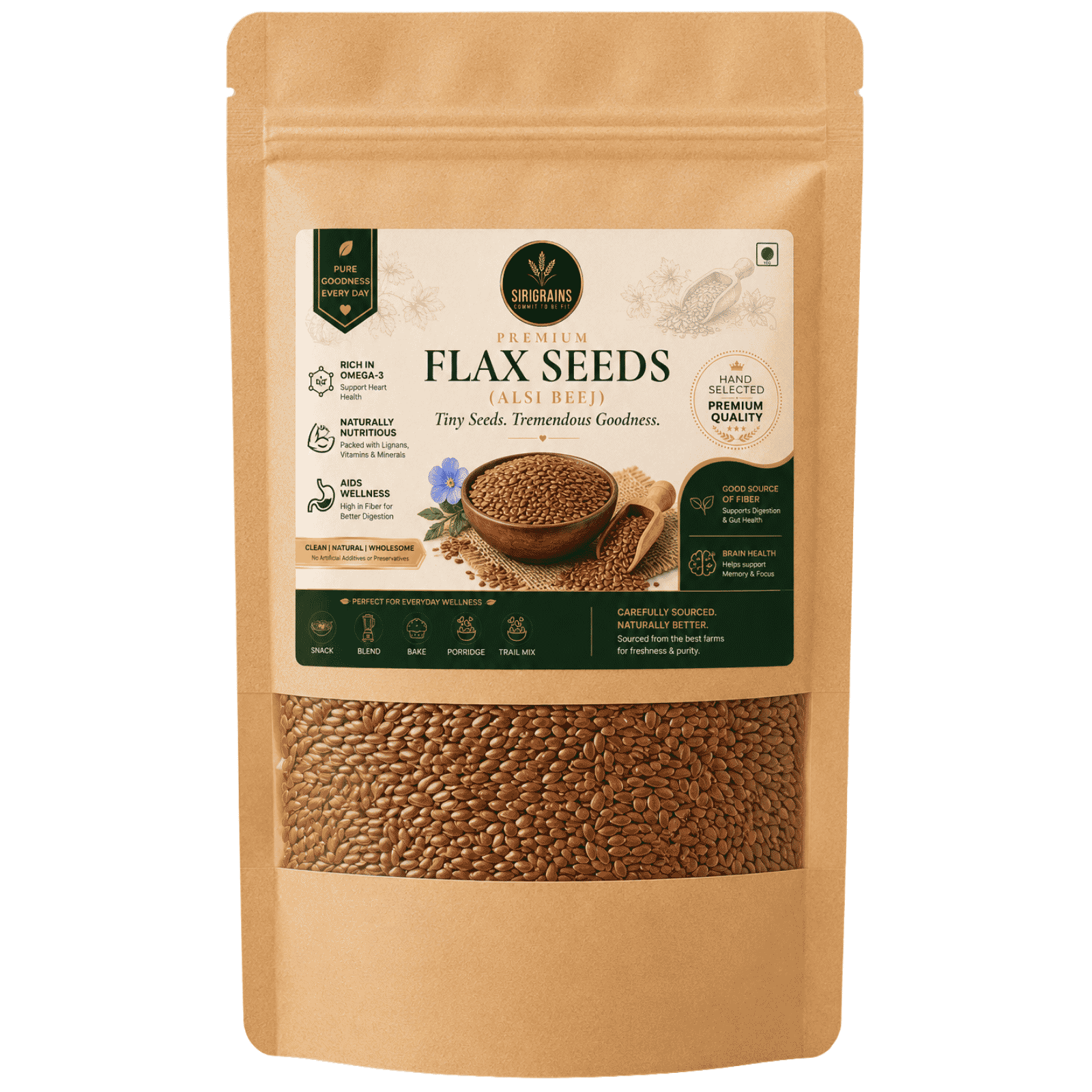 SiriGrains Premium Flax Seeds 250g (Alsi) | Raw Whole Flax Seeds | Naturally Rich in Fibre | Source of Omega-3 (ALA) | Premium Seed for Smoothies, Salads & Baking