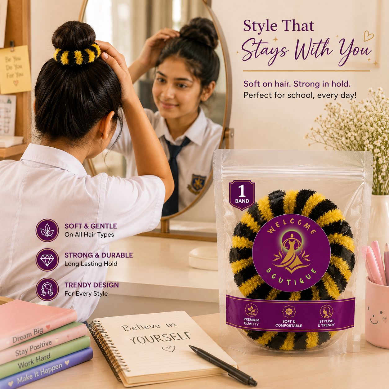 Welcome Boutique Velvet Hair Scrunchie | Premium Soft Hair Band for Women & Girls | Stretchable Ponytail Holder | Comfortable & Durable | Pack of 1