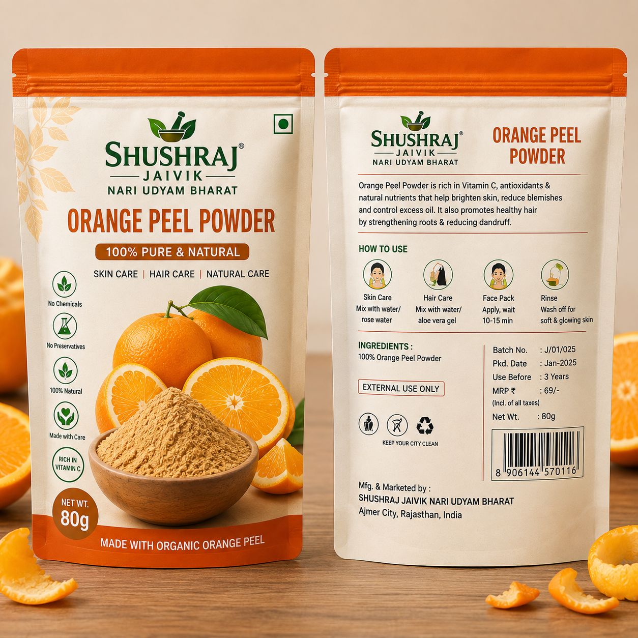 SHUSHRAJ JAIVIK Orange Peel Powder | 100% Pure & Natural | Rich in Vitamin C | Skin Care Face Pack | 80g