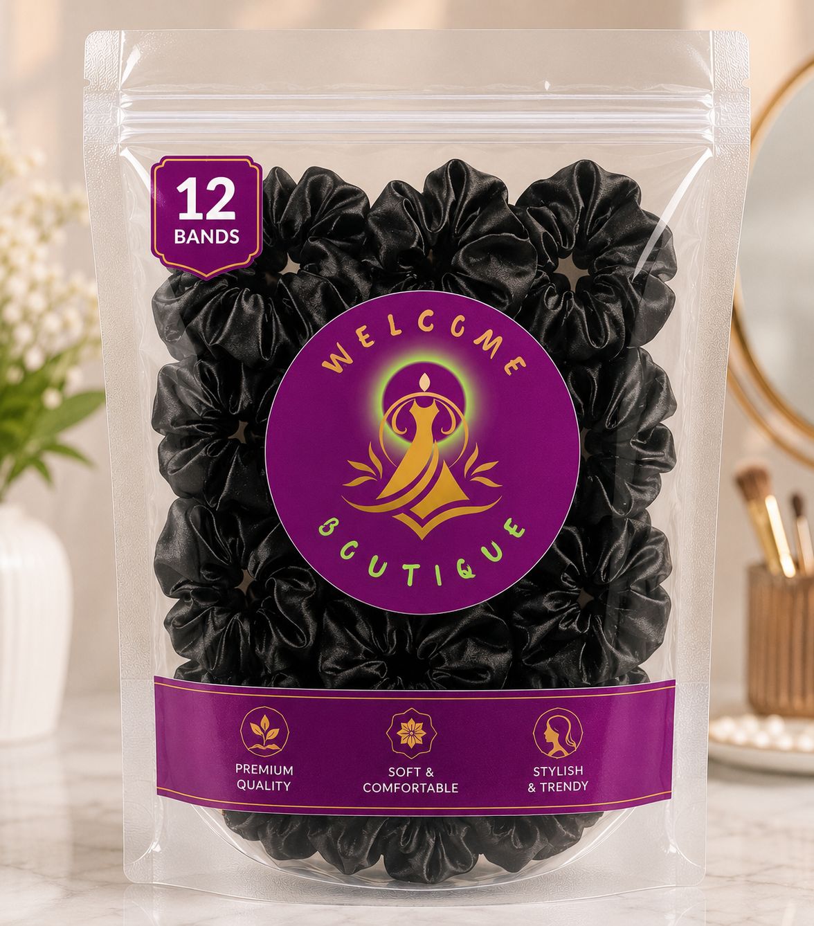 Welcome Boutique Premium Satin Hair Scrunchies for Women & Girls | Soft Elastic Hair Bands | No-Damage Ponytail Holders | Black Satin Hair Accessories | Pack of 12