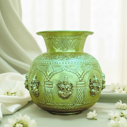 Sukh Sehaj Ashtalakshmi Kalash, Brass, Handcrafted, 8.0 Inch Height, Antique Yellow Finish, Pooja Vessel for Home Decor, Pooja Ritual and Gifting