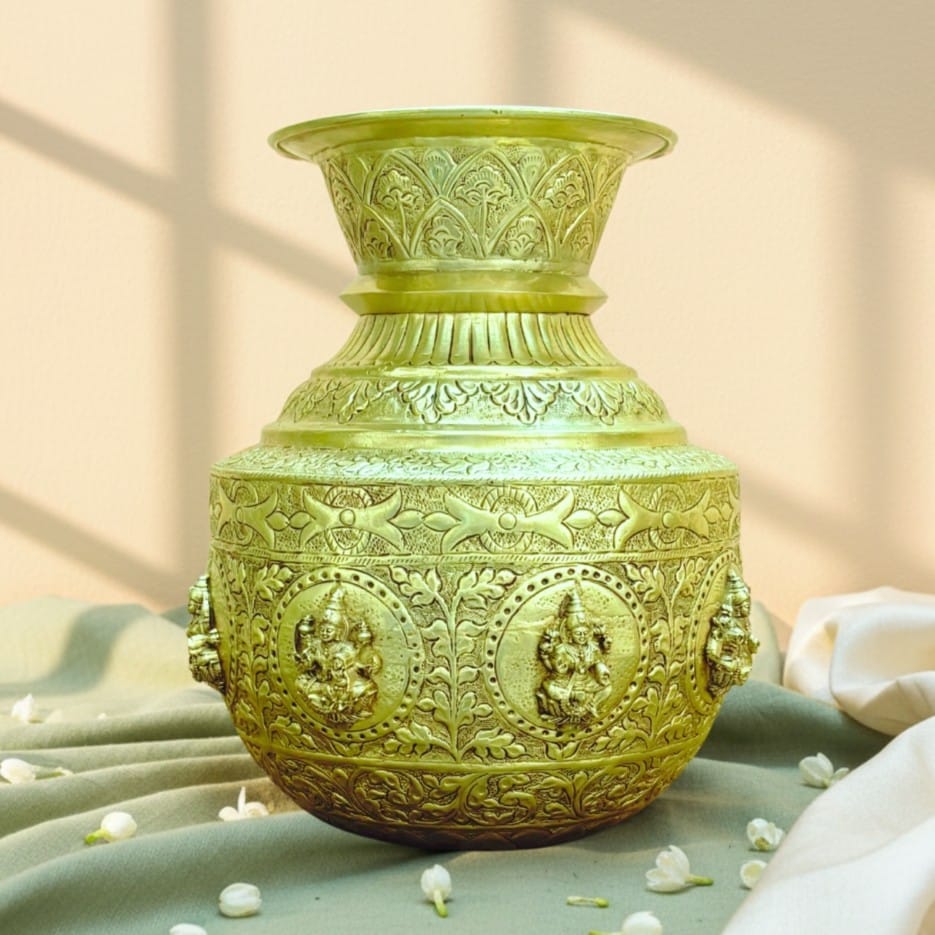 Sukh Sehaj Ashtalakshmi Kalash, Brass, Handcrafted, 11.0 Inch Height, Antique Yellow Finish, Pooja Vessel for Home Decor, Pooja Ritual and Gifting