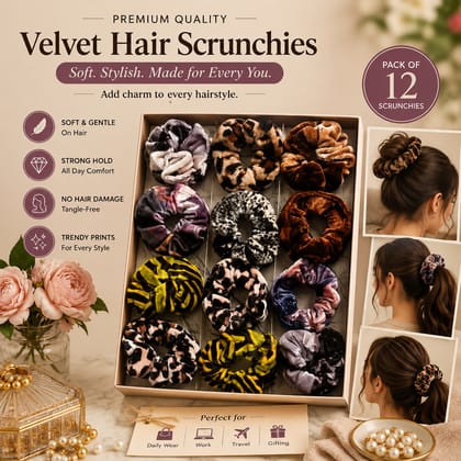 Welcome Boutique Premium Velvet Hair Scrunchies for Women & Girls | Soft Elastic Hair Bands | No-Damage Ponytail Holders | Assorted Printed & Solid Designs | Stylish Hair Accessories | Pack of 12