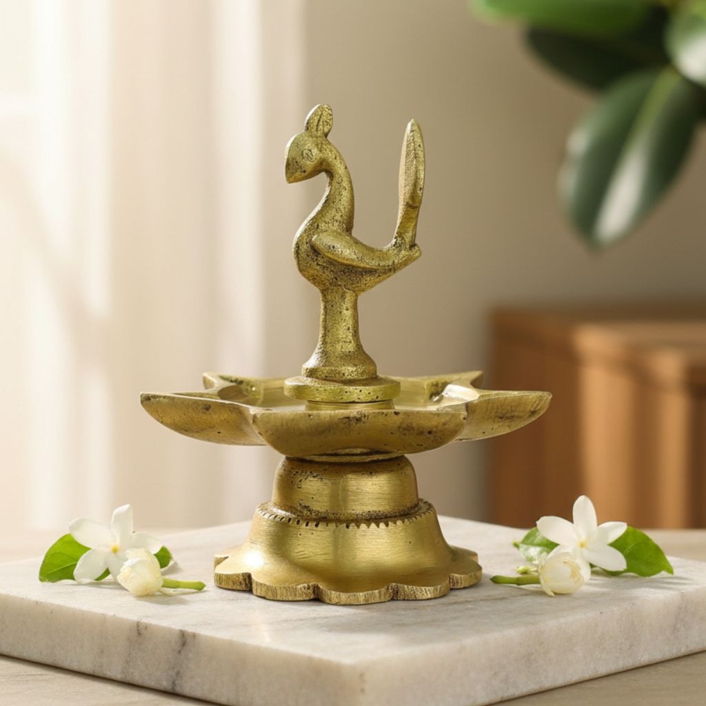 Sukh Sehaj Mayur Diya, Peacock Diya, Brass, Handcrafted, Antique Yellow Finish, 3.2 Inch Height, Oil Lamp Home Temple, Decor, Pooja Ritual and Gifting