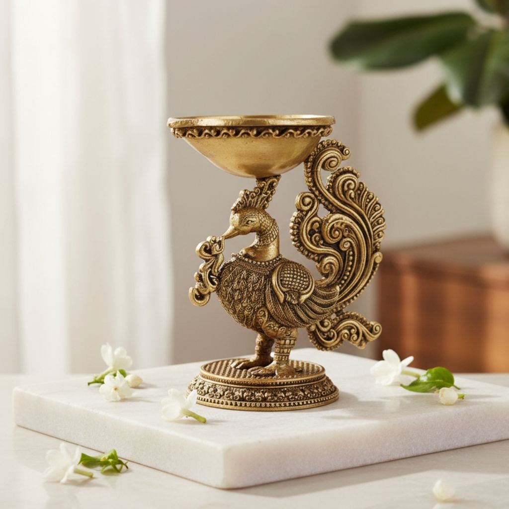 Sukh Sehaj Mayur Deepak, Peacock Diya, Brass, Handcrafted, Antique Yellow Finish, 3.0 Inch Height, Oil Lamp Home Temple, Decor, Pooja Ritual and Gifting