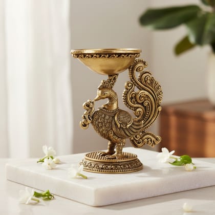 Sukh Sehaj Mayur Deepak, Peacock Diya, Brass, Handcrafted, Antique Yellow Finish, 3.0 Inch Height, Oil Lamp Home Temple, Decor, Pooja Ritual and Gifting