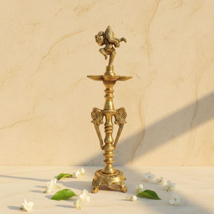 Sukh Sehaj Lord Ganesha Samai (Standing Diya), Handcrafted, Antique Yellow Finish, 12.8 Inch Height, Oil Lamp Home Decor, Pooja Ritual and Gifting