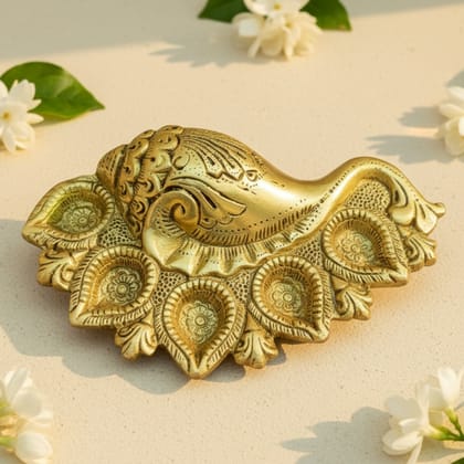 Sukh Sehaj Shankh Ganesha Panchmukhi Diya, Handcrafted, Antique Yellow Finish, 8.0 Inch Wide, Oil Lamp Home Decor, Pooja Ritual and Gifting