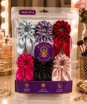 Welcome Boutique Premium Satin Tail Hair Scrunchies for Women & Girls | Soft Elastic No-Damage Hair Bands | Bunny Ear Ribbon Ponytail Holders | Stylish Hair Accessories for Daily Wear, College & Party | Multicolor | Pack of 6