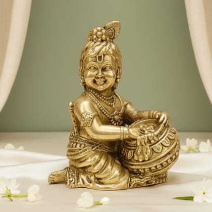 Sukh Sehaj Bal Gopal (Shree Krishna) Brass Murti | Lord Krishna Idol | Handcrafted, Antique Yellow Finish, 2.5 Inch Height, for Home Temple, Decor, Pooja Ritual and Gifting