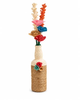 Flower Charm Handmade Jute Bottle Vase with Decorative Artificial Flowers | Eco-Friendly Table Decor | Living Room, TV Unit & Office Decoration | Home Décor Showpiece | Gift for Housewarming & Festivals