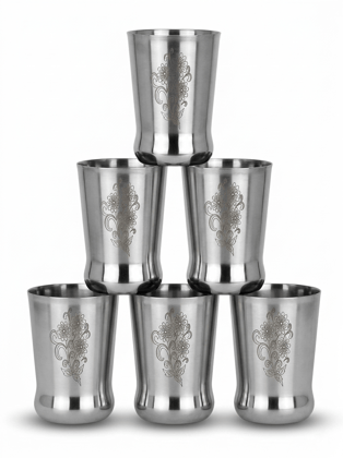 WEKTU Royal Floral Engraved Stainless Steel Water Glass Set of 6