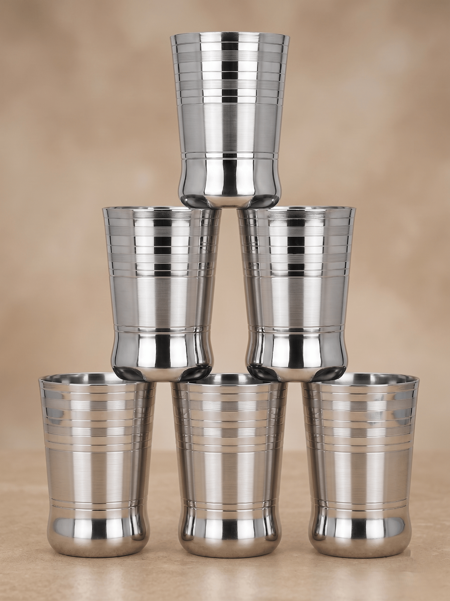 WEKTU Premium Stainless Steel Glass Set of 6 – Multi-Groove Ribbed Water & Milk Tumblers