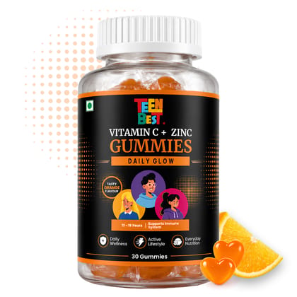 Healthbest Teens Vitamin C with Zinc Gummies for Glowing Skin, Orange Flavour, Supports Immune Health, Energy and Wellness, 30 Gummies for Boys and Girls