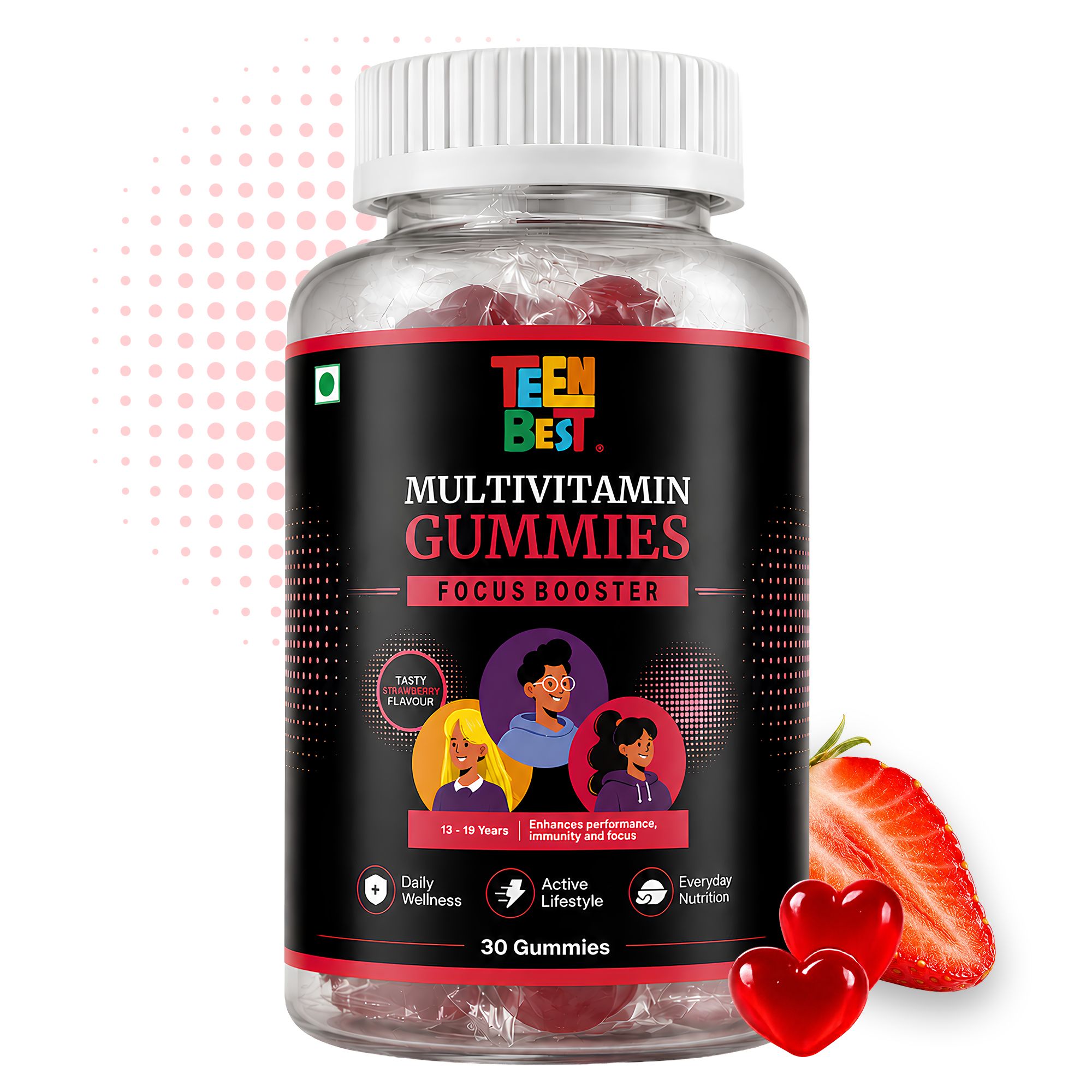 HealthBest Teen Multivitamin Gummies for Boys & Girls (13–19 Years) | Enhances Focus, Energy & Immunity - 30 Strawberry Gummies