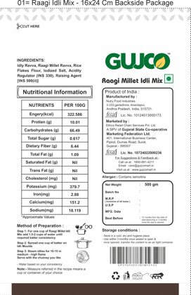 GUJCO Raagi Millet Idli Mix – 500 gm