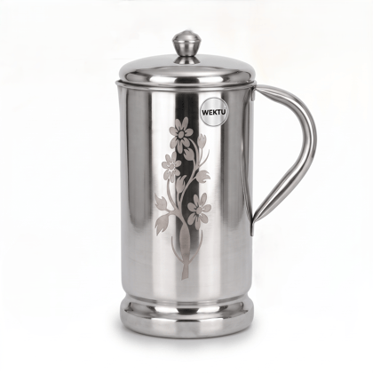 WEKTU Premium Stainless Steel Water Jug with Lid (2.0 Litres) – Laser Floral Engraved Heavy Duty Water Pitcher, Leak-Proof & Rust-Proof Container for Home, Kitchen & Dining Table