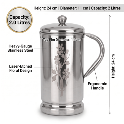 WEKTU Premium Stainless Steel Water Jug with Lid (2.0 Litres) – Laser Floral Engraved Heavy Duty Water Pitcher, Leak-Proof & Rust-Proof Container for Home, Kitchen & Dining Table