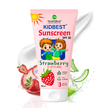 HealthBest Kids Sunscreen SPF 30 PA+++ Strawberry, 100 ml | Boosts Vitamin D Absorption Prevents Tanning