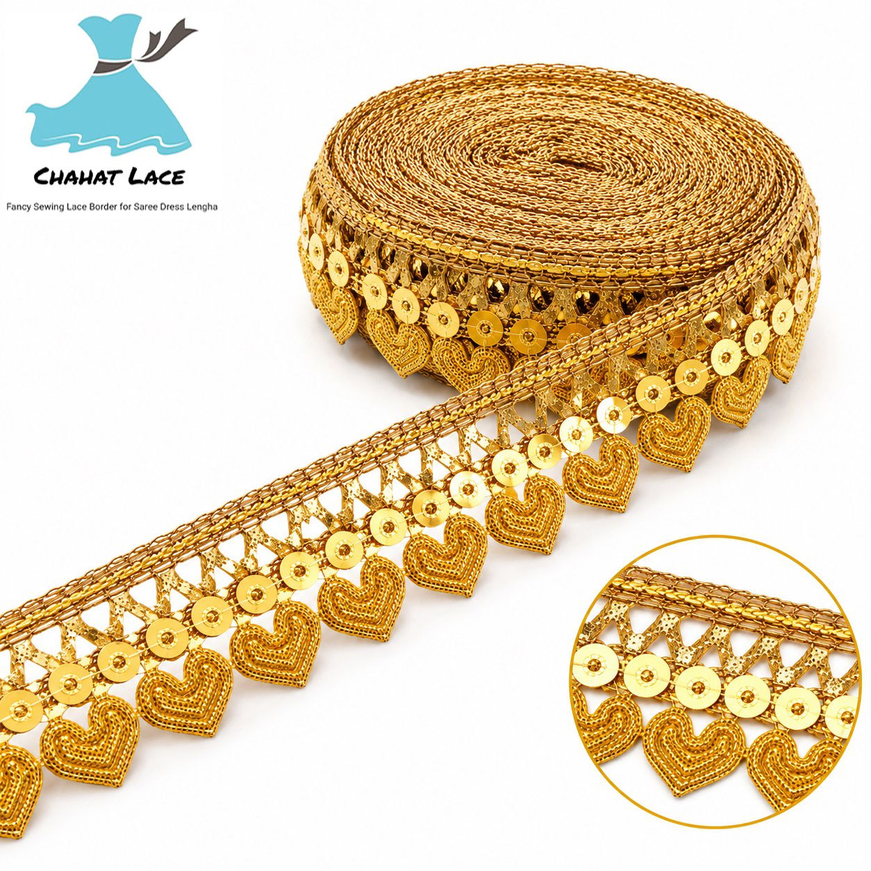 Chahat Lace Shiny Gold Sequnce Zari Border Gota Patti Lace for Sewing, Embroidery, Edging, Saree Border, Blouse, Dupatta Border, Lehenga, Kurti etc. (9 Meters, 31mm Wide)