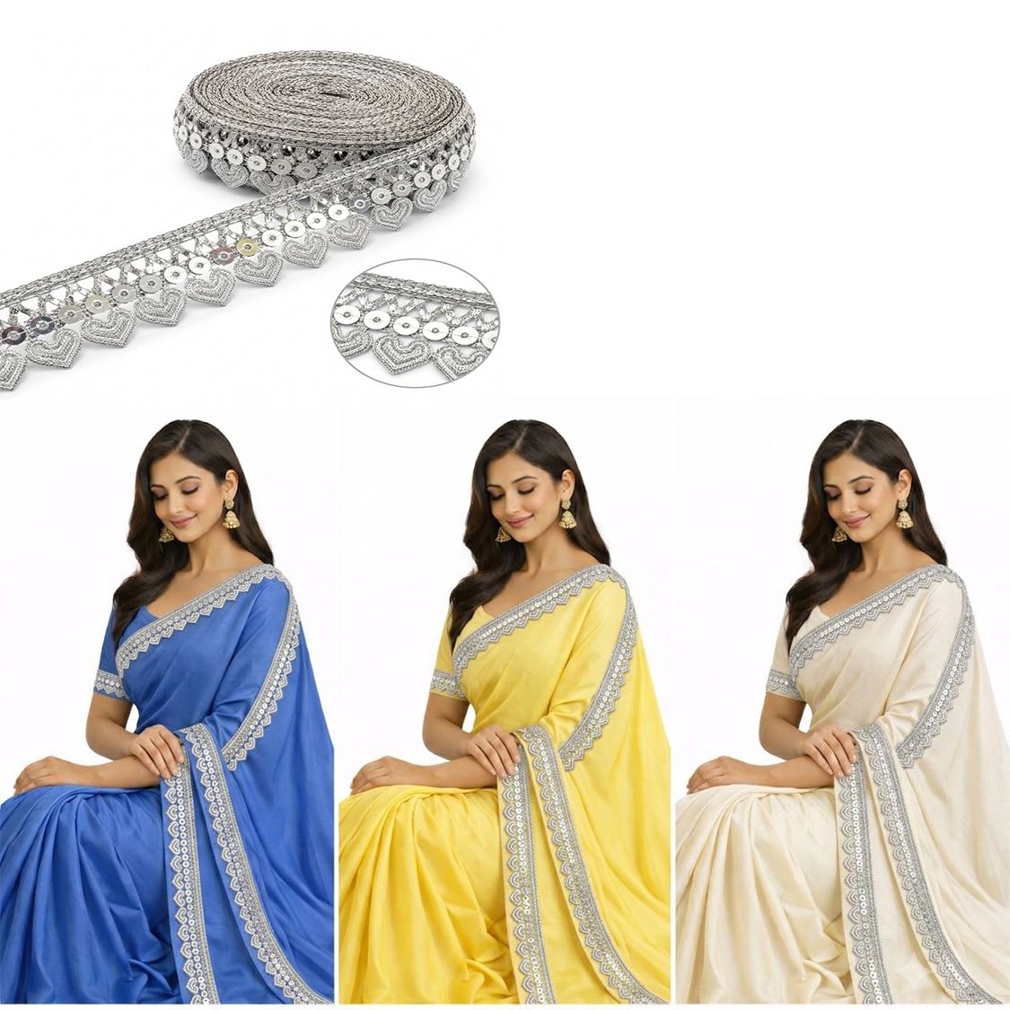 Silver Lace Kiran Patti Gota Lace Zari Border with Sequin Sitara Tassels – 1.25 Inch 9 Mtr Sewing Fringe Trim Ribbon for Bridal Dupatta,Hijab,Blouse,Lehenga,and Saree (Silver)