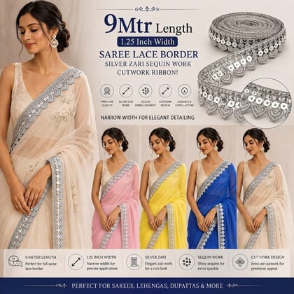 Silver Lace Kiran Patti Gota Lace Zari Border with Sequin Sitara Tassels – 1.25 Inch 9 Mtr Sewing Fringe Trim Ribbon for Bridal Dupatta,Hijab,Blouse,Lehenga,and Saree (Silver)