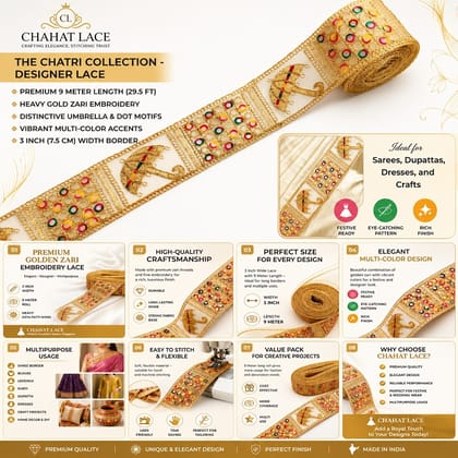 Saree Lace Border, Gora Patt Lace Trim, Sewing Ribbon Roll, Embroidery Material, Designer Lace, Golden Lace, Zari Border, Fancy Heavy Lace, 3 inch width 9 Mtr Length Multi Colour Thread and Gold Zari Umbrella Design Cutwork Laces for Dupatta Dress 