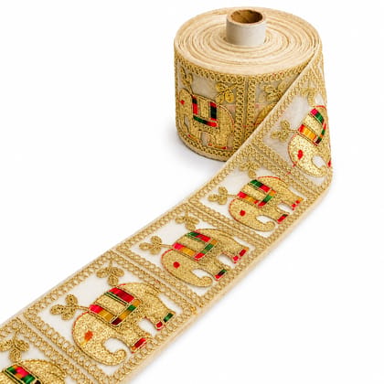 Saree Lace Border, Gora Patt Lace Trim, Sewing Ribbon Roll, Embroidery Material, Designer Lace, Golden Lace, Zari Border, Fancy Heavy Lace, 3 inch width 9 Mtr Length Multi Colour Thread and Gold Zari Elephant Design Cutwork Laces for Dupatta Dress 