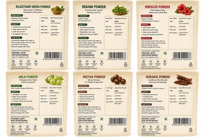 SHUSHRAJ JAIVIK Herbal Hair Care Combo Pack | Heena, Brahmi, Hibiscus, Amla, Reetha & Shikakai Powder | 6 × 80g | Total 480g