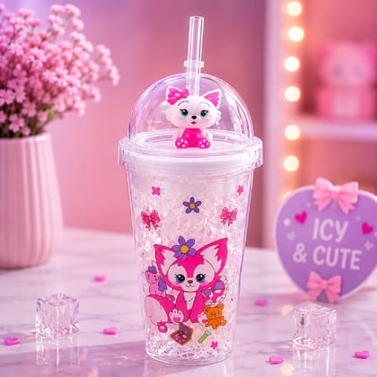KTRS ENTERPRISE Cute Crystal Gel Kids Tumbler with Straw & 3D Cat Top | Double Wall Glitter Cup | Reusable BPA-Free Cold Drink Cup | Leak-Resistant Kawaii Water Bottle for Girls | Purple | 450ml