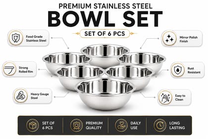 Premium Stainless Steel Bowl Set for Kitchen. Multipurpose Serving Bowls, Food Grade Steel, Katori Set for Dal, Curry, Snacks & Dessert. Durable & Rust Resistant