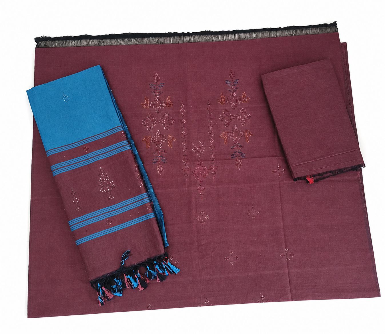 Naitik Tangaliya Art Premium Cotton Dress Material with Contrast Dupatta | Handwoven Unstitched Salwar Suit Fabric | Maroon & Green | Women's Ethnic Wea