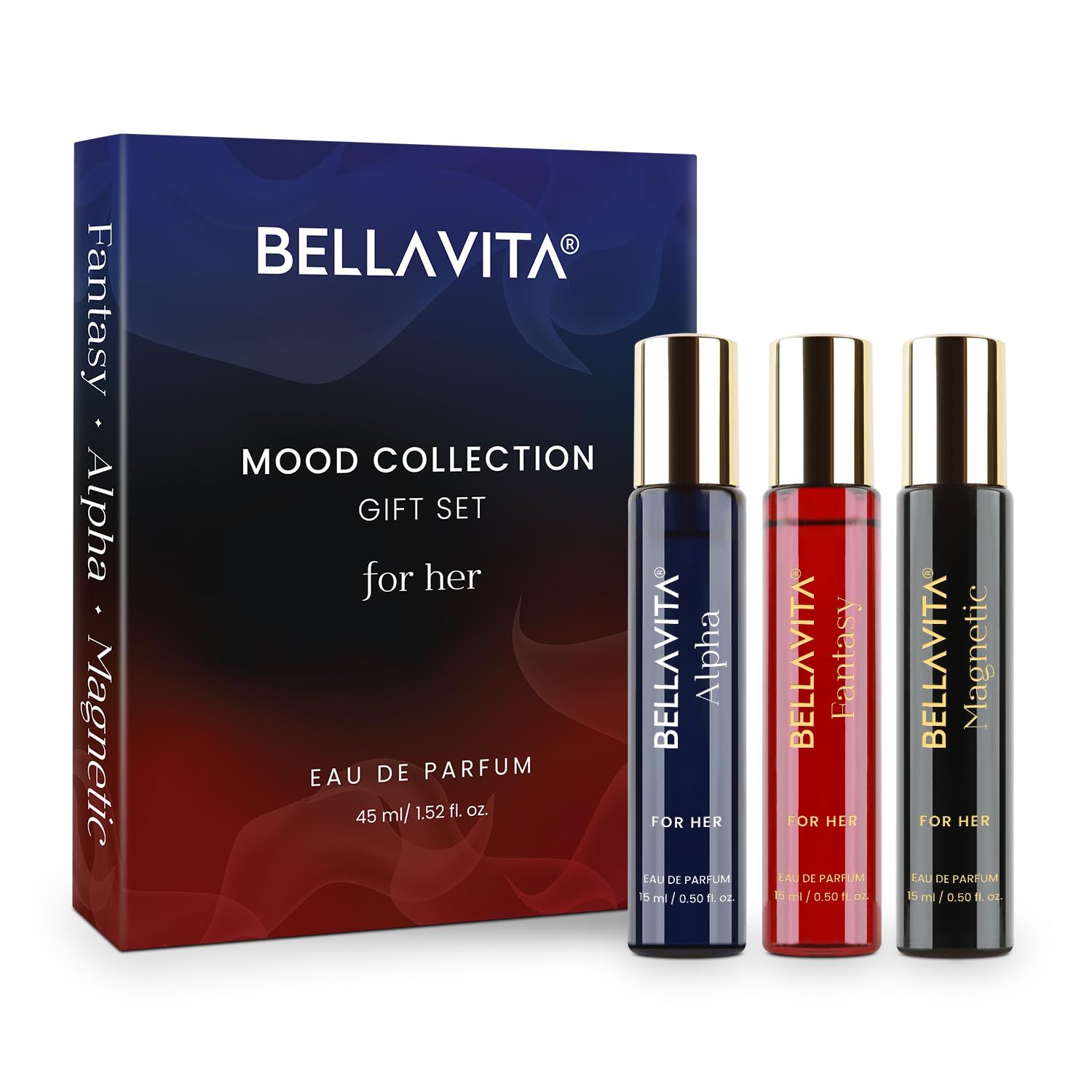 BELLAVITA Luxury Mood Collection Gift Set 3x15ML | Long Lasting EDP Perfume for Women | Alpha, Fantasy & Magnetic | Pink Pepper, Jasmine and Moss | Fruity, Floral Premium Fragrance for Woman BELLAVITA Luxury Mood Collection Gift Set 3x15ML | Long Lasting