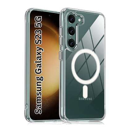 V3Deals Hybrid Ma gsa fe Compatible Back Cover for Samsung Galaxy S23 5G | Anti-Yellow Transparent | N52 Magnet Ring | Shockproof | Camera Protection | Hard PC+TPU Case (Transparent, S23 (Magnetic))