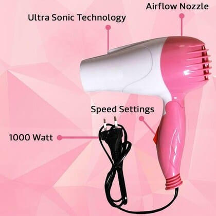 Nova 1290 Professional Electric Foldable Hair Dryer 1000 Watt - Pink & White