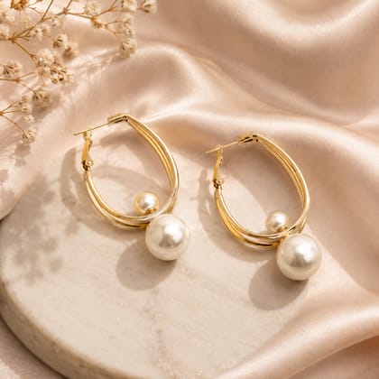 Gold Dual Oval Shape Pearl Drop Earrings for Women – Classic Round Pearl Dangle Hoop Earrings with Premium Anti-Tarnish Finish