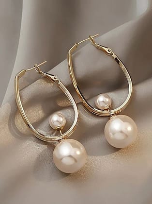 Gold Dual Oval Shape Pearl Drop Earrings for Women & Girls – Classic Party Wear Round Pearl Dangle Hoop Earrings with Premium Anti-Tarnish Finish
