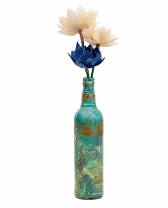 Flower Charm Handmade Decorative Glass Bottle Vase with Fabric Lotus Flowers | Eco-Friendly Table Décor | Handcrafted Home Decoration | Gift Item