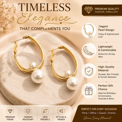 Gold Dual Oval Shape Pearl Drop Earrings for Women & Girls – Classic Party Wear Round Pearl Dangle Hoop Earrings with Premium Anti-Tarnish Finish